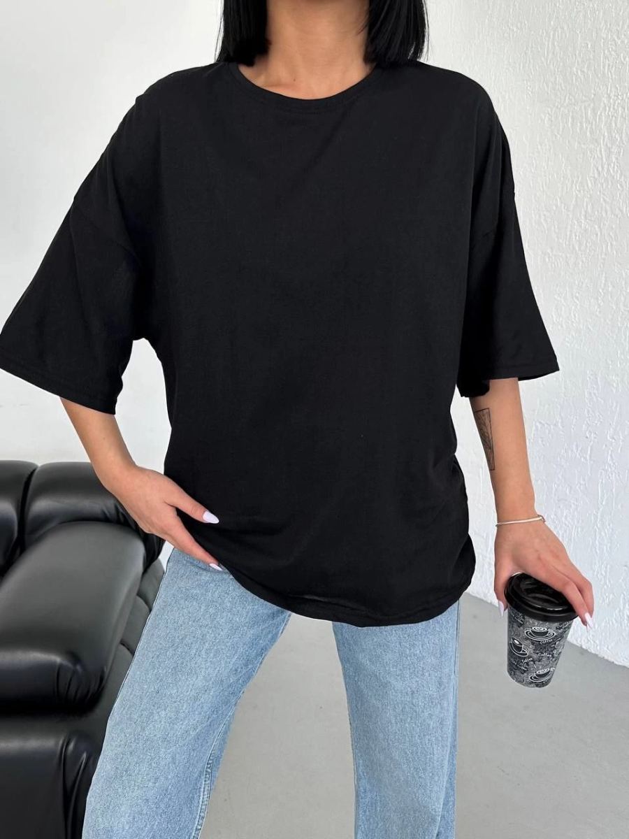 Kadın Düz T-Shirt Kısa Kol Bisiklet Yaka Oversize Tişört - Siyah
