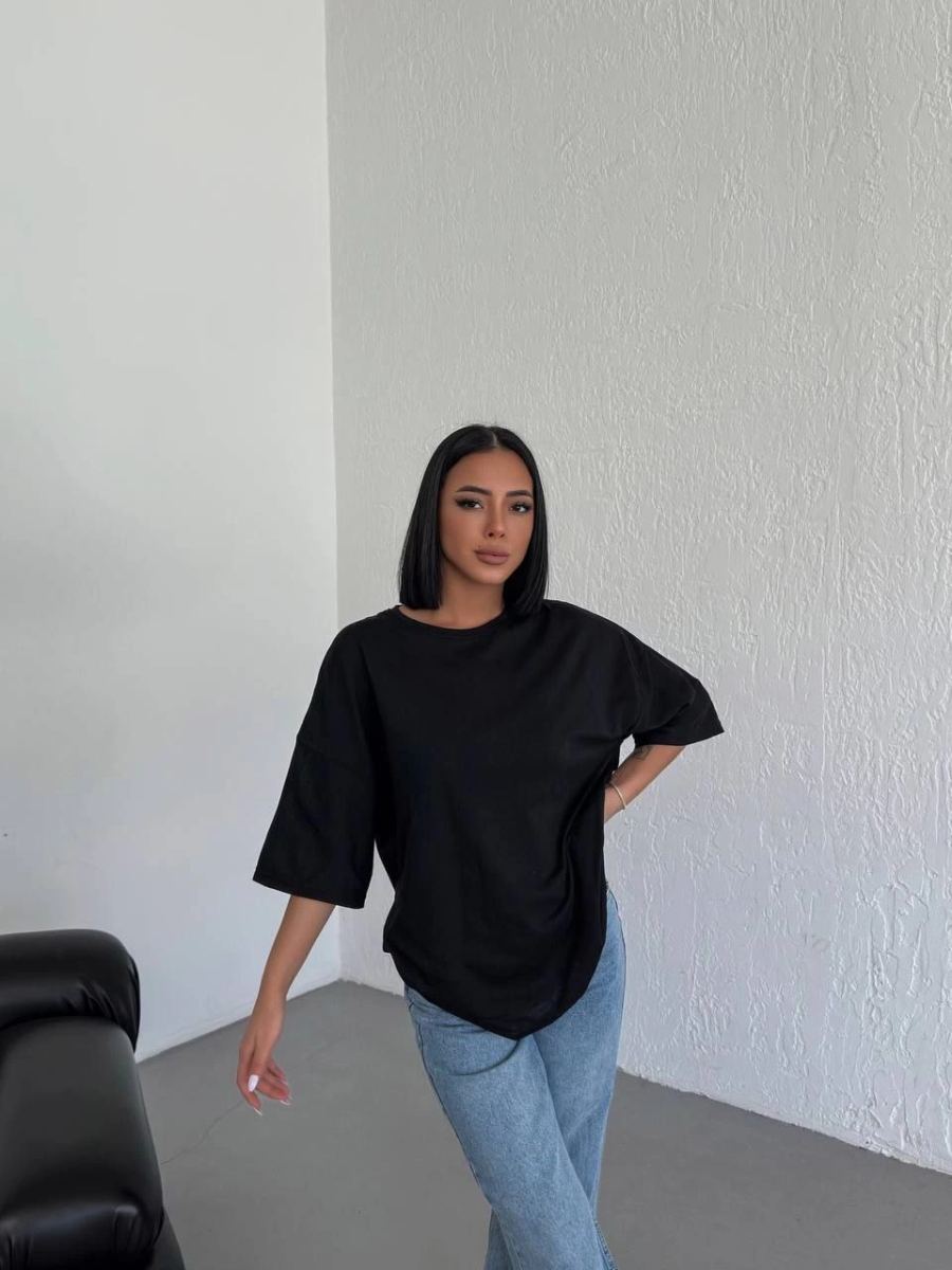 Kadın Düz T-Shirt Kısa Kol Bisiklet Yaka Oversize Tişört - Siyah