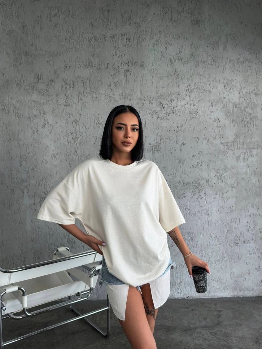 Kadın Düz T-Shirt Kısa Kol Bisiklet Yaka Oversize Rahat Kalıp Günlük Tişört - Beyaz