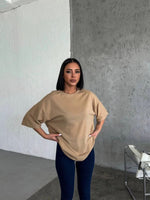 Kadın Düz T-Shirt Kısa Kol Bisiklet Yaka Oversize Rahat Kalıp Günlük Tişört - Bej