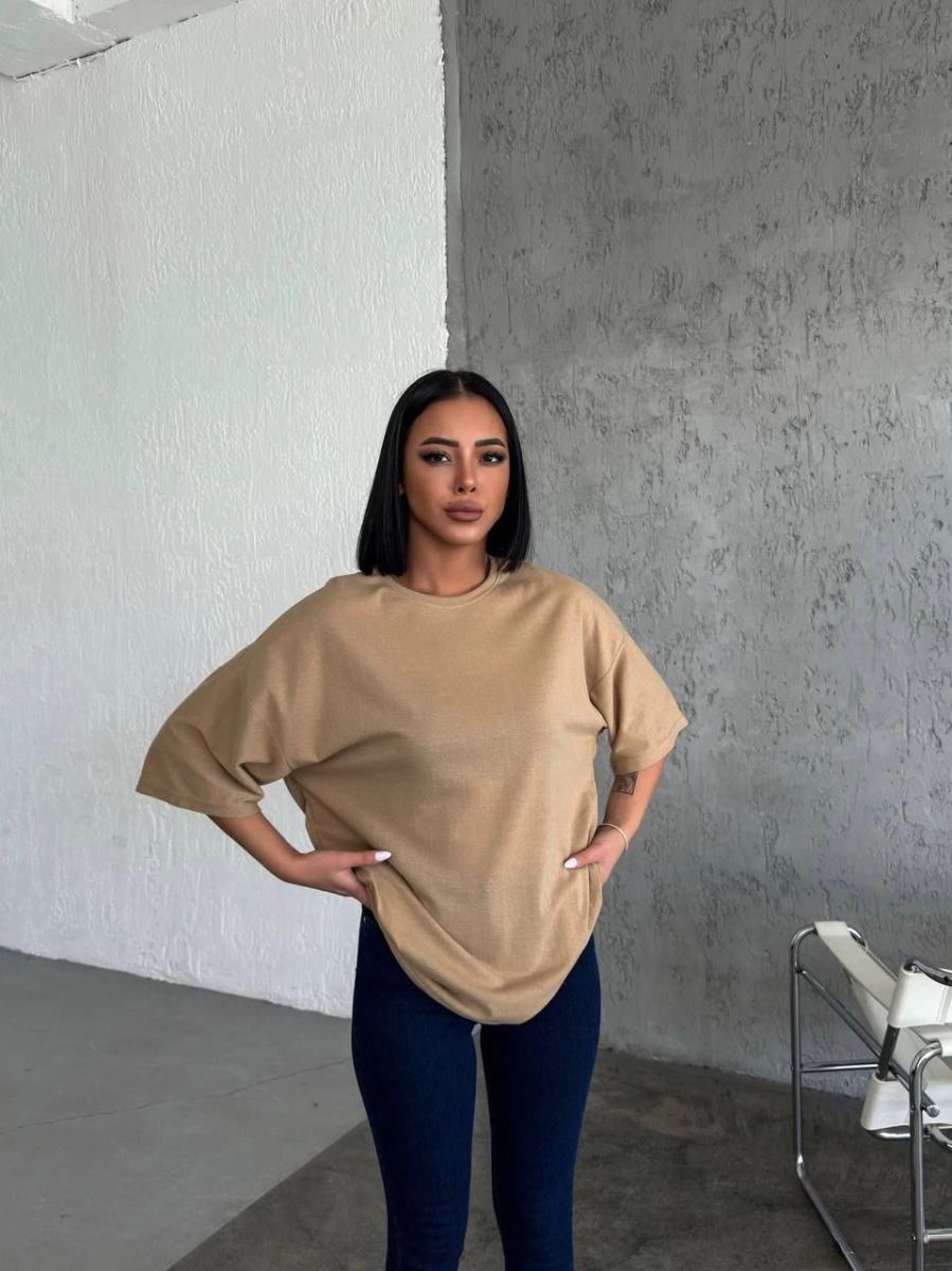 Kadın Düz T-Shirt Kısa Kol Bisiklet Yaka Oversize Rahat Kalıp Günlük Tişört - Bej