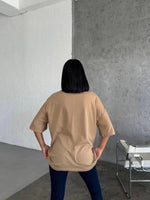 Kadın Düz T-Shirt Kısa Kol Bisiklet Yaka Oversize Rahat Kalıp Günlük Tişört - Bej