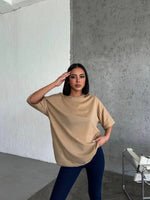 Kadın Düz T-Shirt Kısa Kol Bisiklet Yaka Oversize Rahat Kalıp Günlük Tişört - Bej