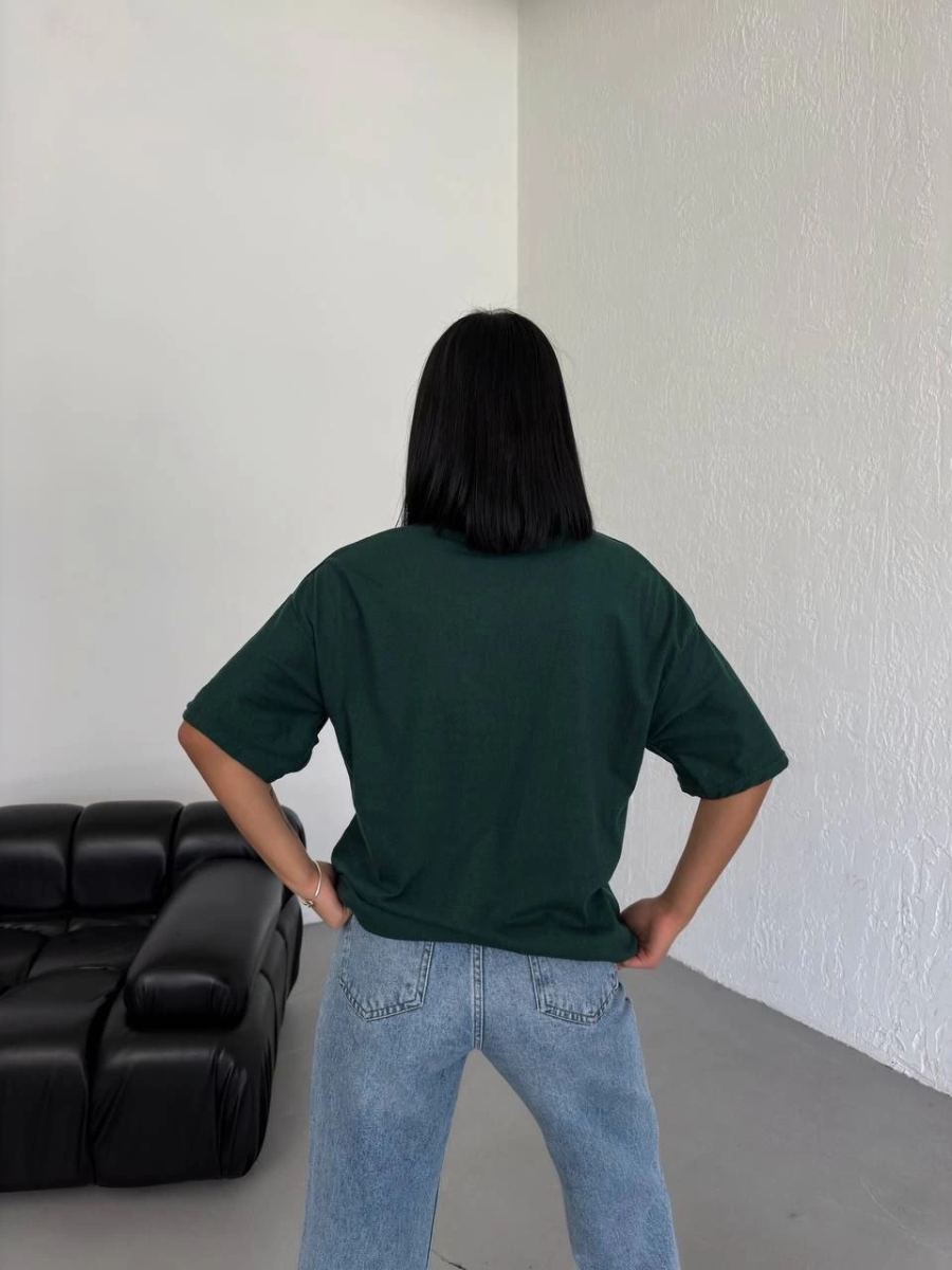 Kadın Düz T-Shirt Kısa Kol Bisiklet Yaka Oversize Rahat Kalıp Günlük Tişört - Haki