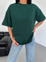 Kadın Düz T-Shirt Kısa Kol Bisiklet Yaka Oversize Rahat Kalıp Günlük Tişört - Haki