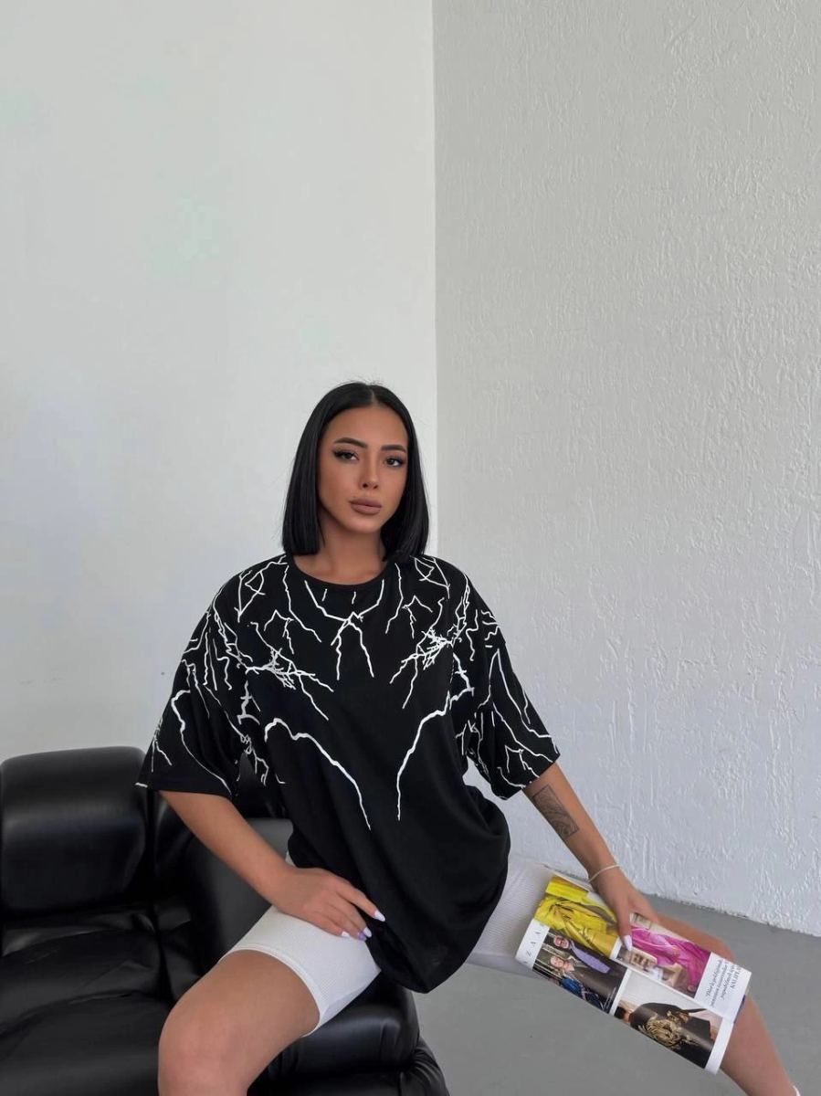 Kadın Yıldırım şimşek Baskılı T-Shirt Kısa Kol Bisiklet Yaka Oversize Tişört - Siyah