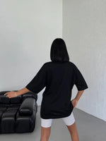 Kadın Baskılı T-Shirt Kısa Kol Bisiklet Yaka Oversize Rahat Kalıp Günlük Tişört - Siyah