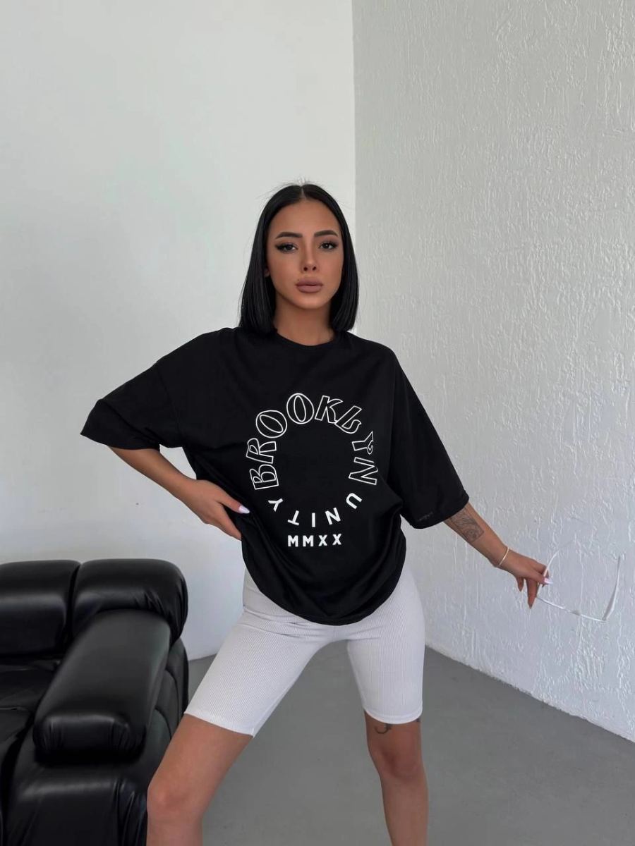 Kadın Baskılı T-Shirt Kısa Kol Bisiklet Yaka Oversize Rahat Kalıp Günlük Tişört - Siyah