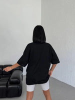 Kadın Baskılı T-Shirt Kısa Kol Bisiklet Yaka Oversize Tişört - Siyah