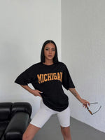 Kadın Baskılı T-Shirt Kısa Kol Bisiklet Yaka Oversize Tişört - Siyah