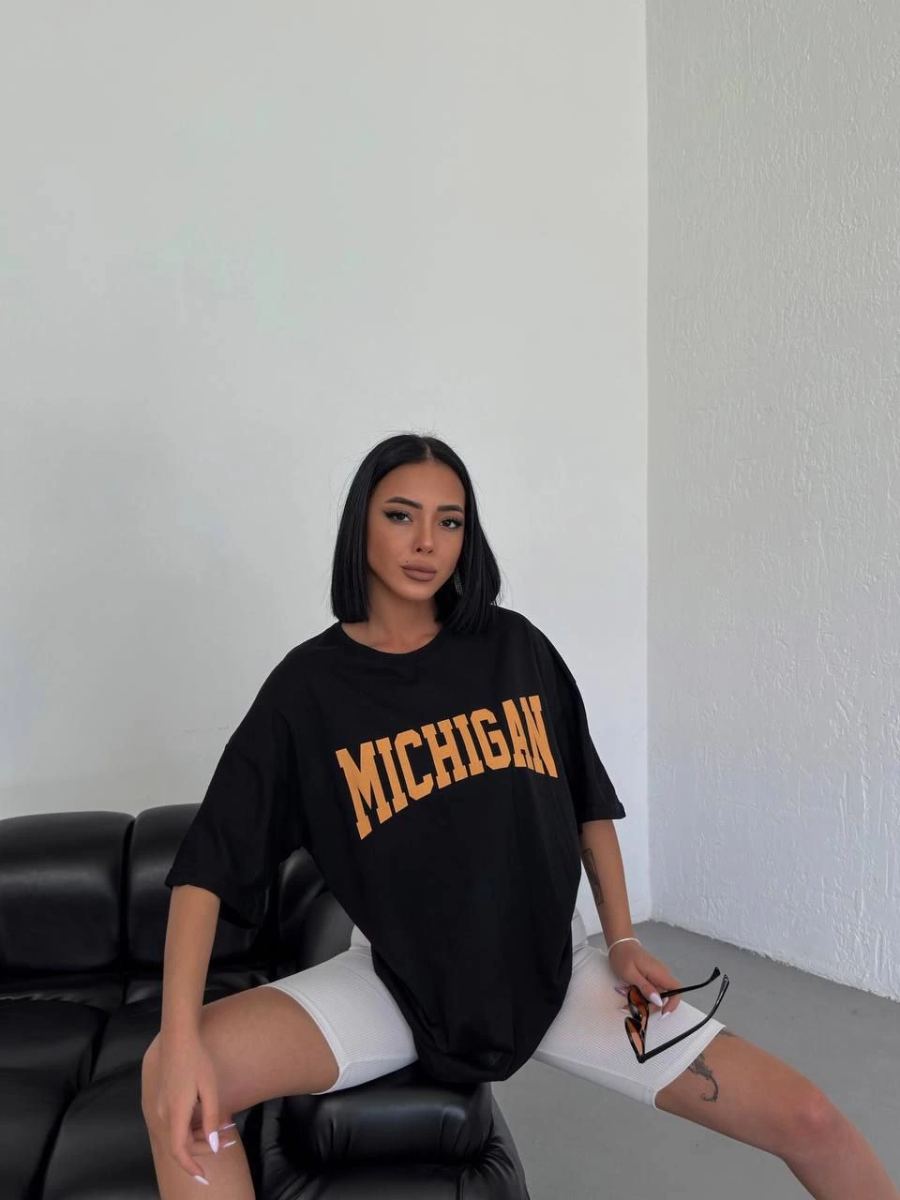 Kadın Baskılı T-Shirt Kısa Kol Bisiklet Yaka Oversize Tişört - Siyah