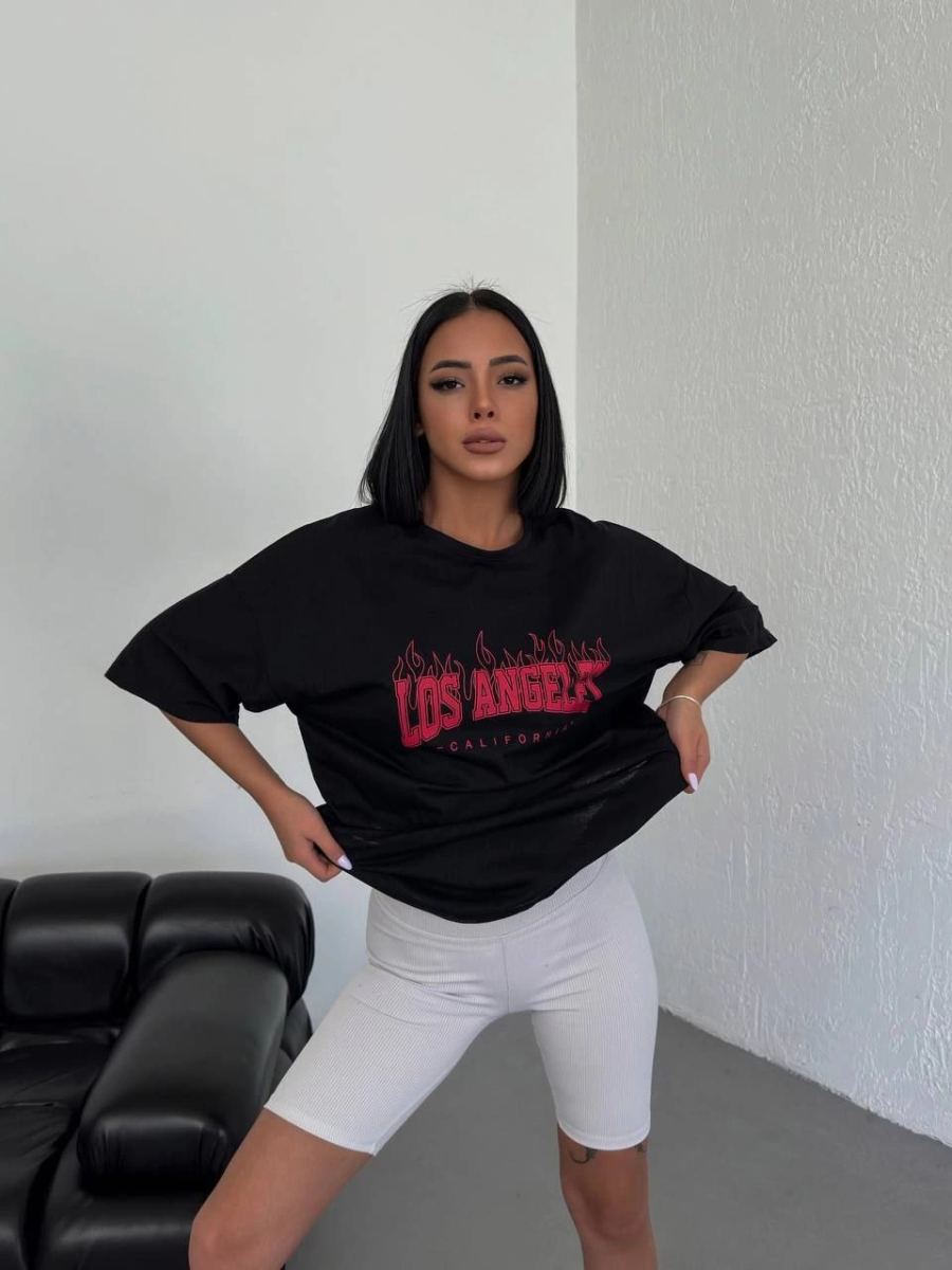 Kadın Kısa Kol Yazlık Tişört Bisiklet Yaka Los Angeles Baskılı T-Shirt - Siyah
