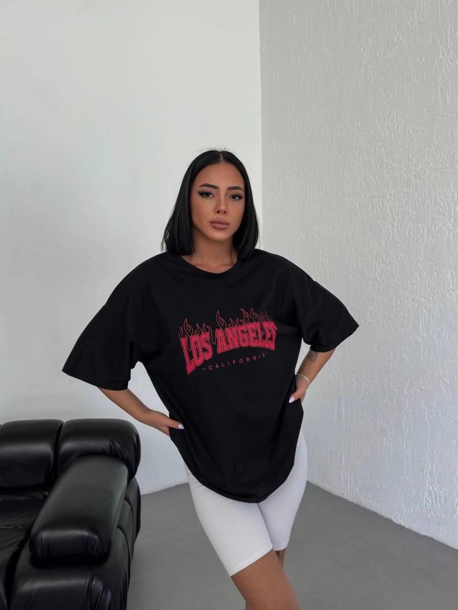 Kadın Kısa Kol Yazlık Tişört Bisiklet Yaka Los Angeles Baskılı T-Shirt - Siyah