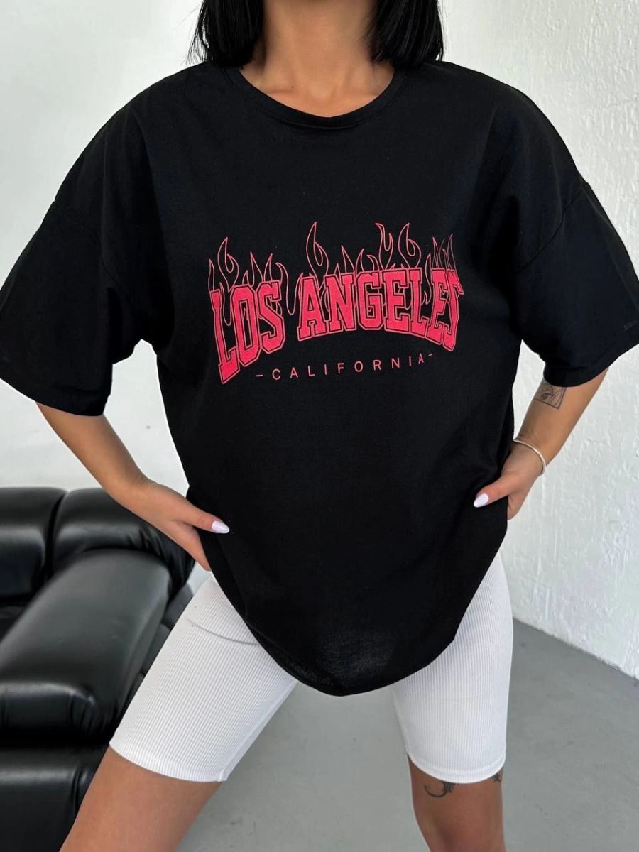 Kadın Kısa Kol Yazlık Tişört Bisiklet Yaka Los Angeles Baskılı T-Shirt - Siyah
