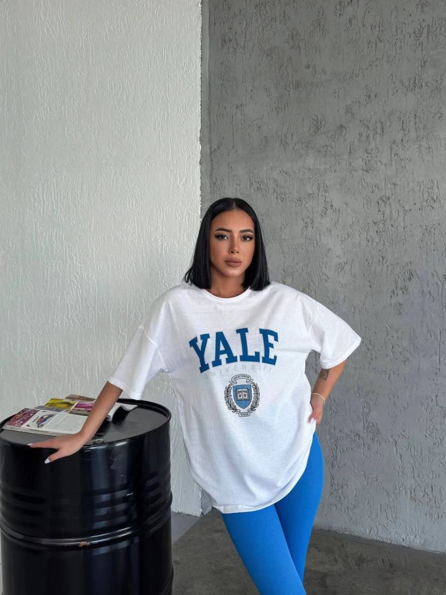 Kadın Kısa Kol Yazlık Tişört Bisiklet Yaka YALE Baskılı T-Shirt - Beyaz