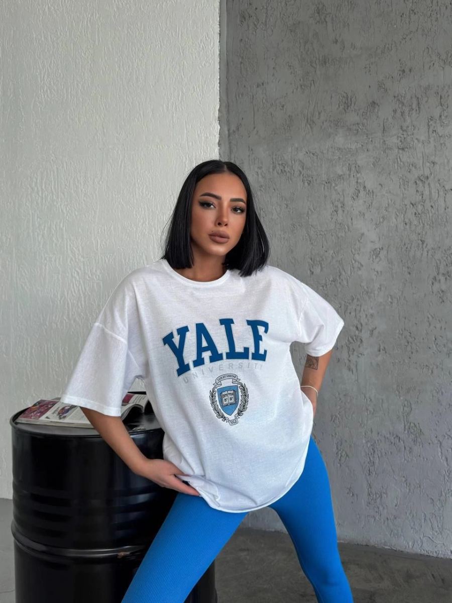 Kadın Kısa Kol Yazlık Tişört Bisiklet Yaka YALE Baskılı T-Shirt - Beyaz