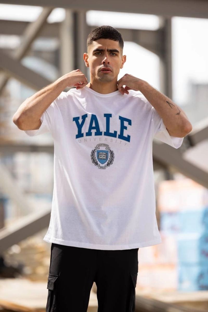Erkek Kısa Kol Yazlık Tişört Bisiklet Yaka YALE Baskılı  T-Shirt - Beyaz