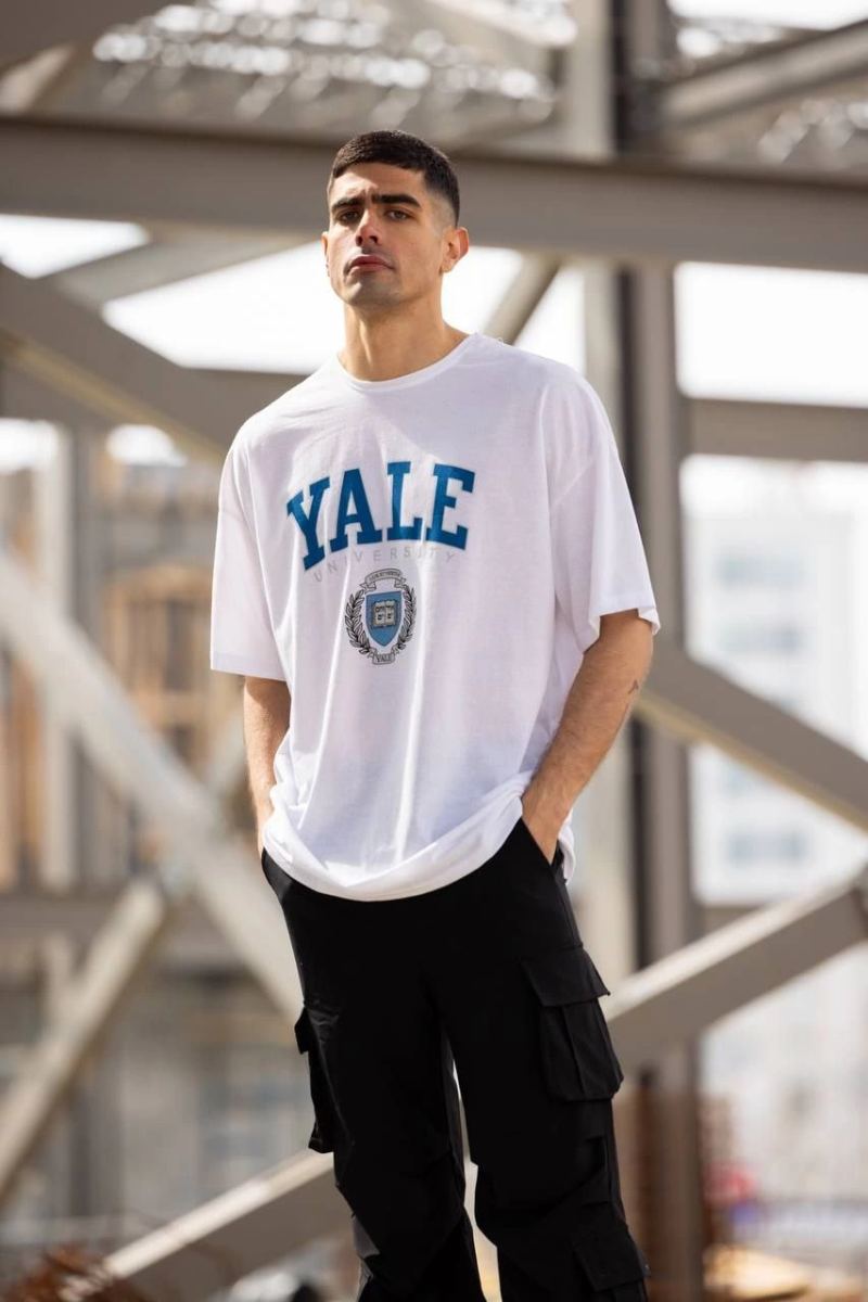 Erkek Kısa Kol Yazlık Tişört Bisiklet Yaka YALE Baskılı  T-Shirt - Beyaz