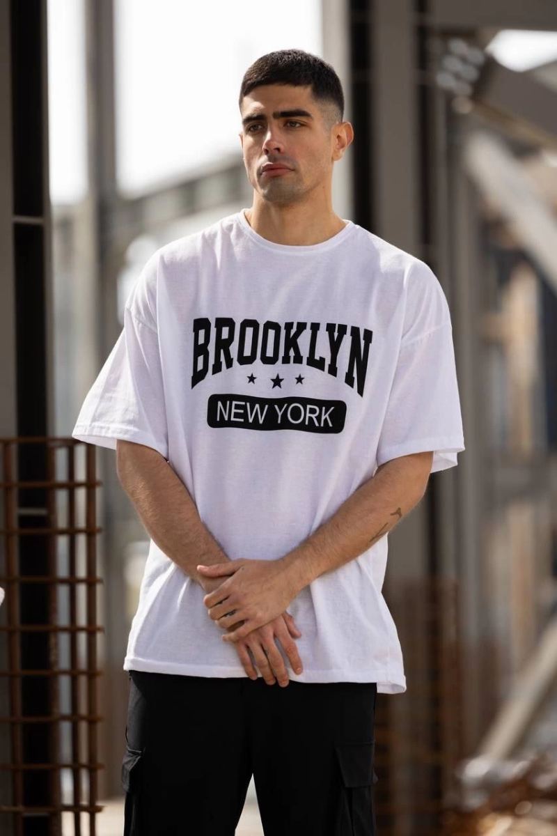 Erkek Kısa Kol Yazlık Tişört Bisiklet Yaka Baskılı Oversize T-Shirt - Beyaz