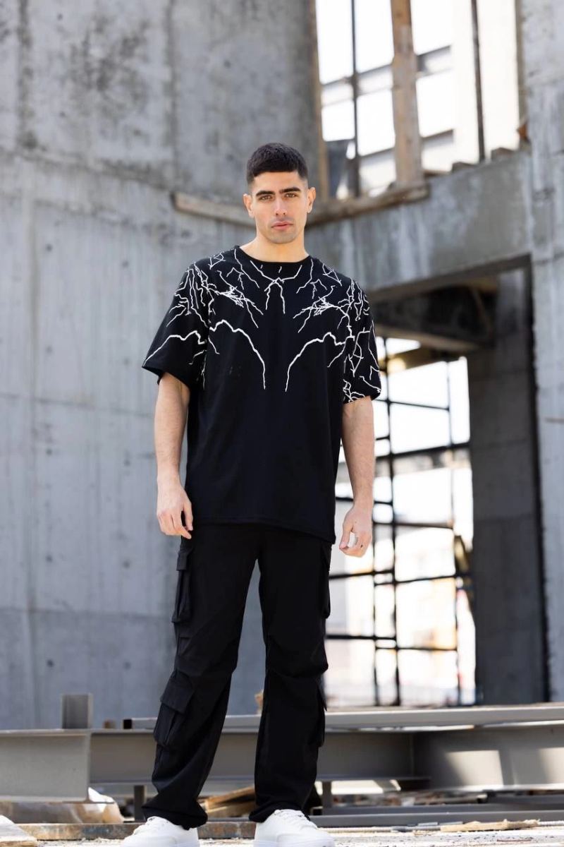 Erkek Yıldırım şimşek Baskılı T-Shirt Kısa Kol Bisiklet Yaka Tişört - Siyah