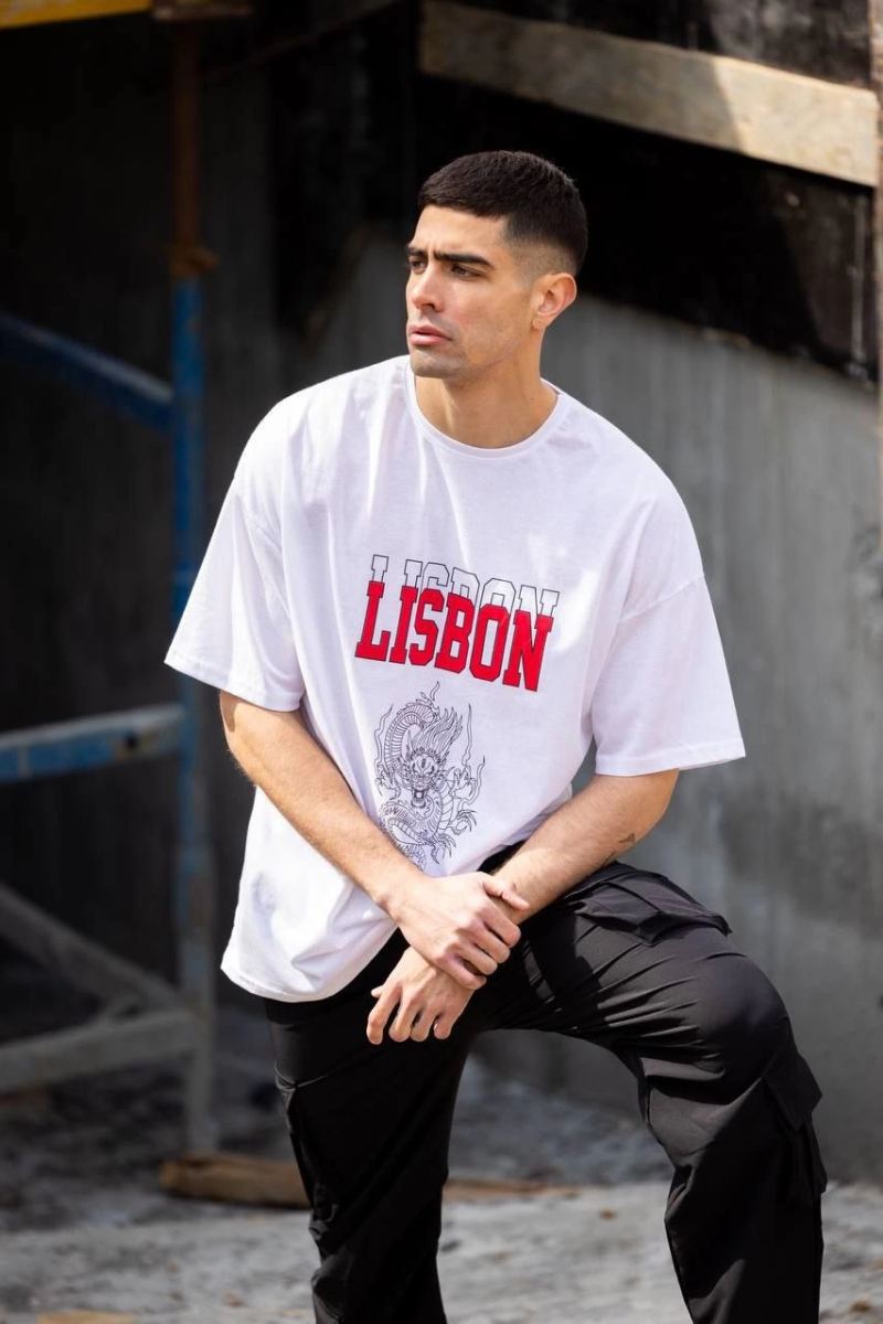 Erkek Kısa Kol Yazlık Tişört Bisiklet Yaka Baskılı Oversize T-Shirt - Beyaz