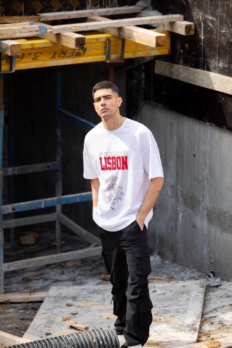 Erkek Kısa Kol Yazlık Tişört Bisiklet Yaka Baskılı Oversize T-Shirt - Beyaz