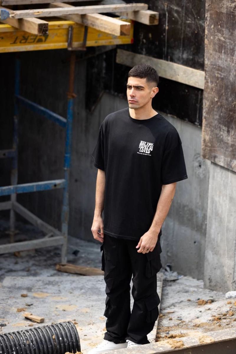 Erkek Kısa Kol Yazlık Tişört Bisiklet Yaka Baskılı Oversize T-Shirt - Siyah