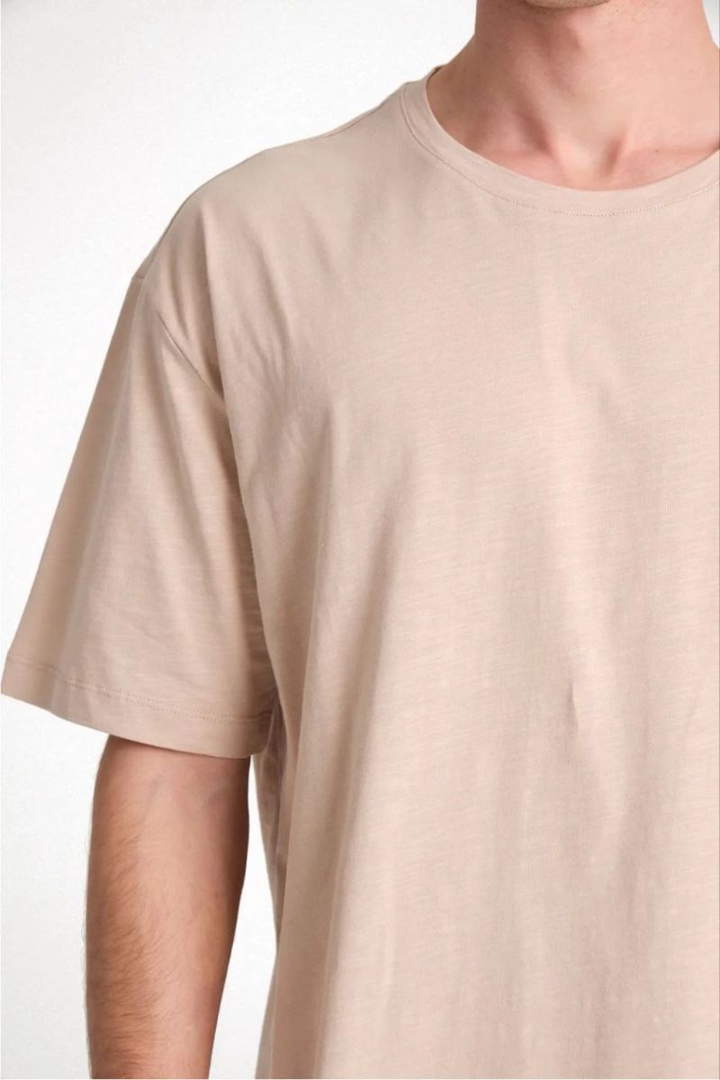 ERKEK Düz Tişört Bisikilet Yaka Kısa Kol Oversize T-shirt - Bej