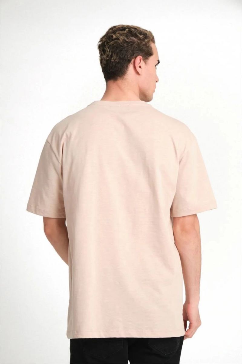 ERKEK Düz Tişört Bisikilet Yaka Kısa Kol Oversize T-shirt - Bej