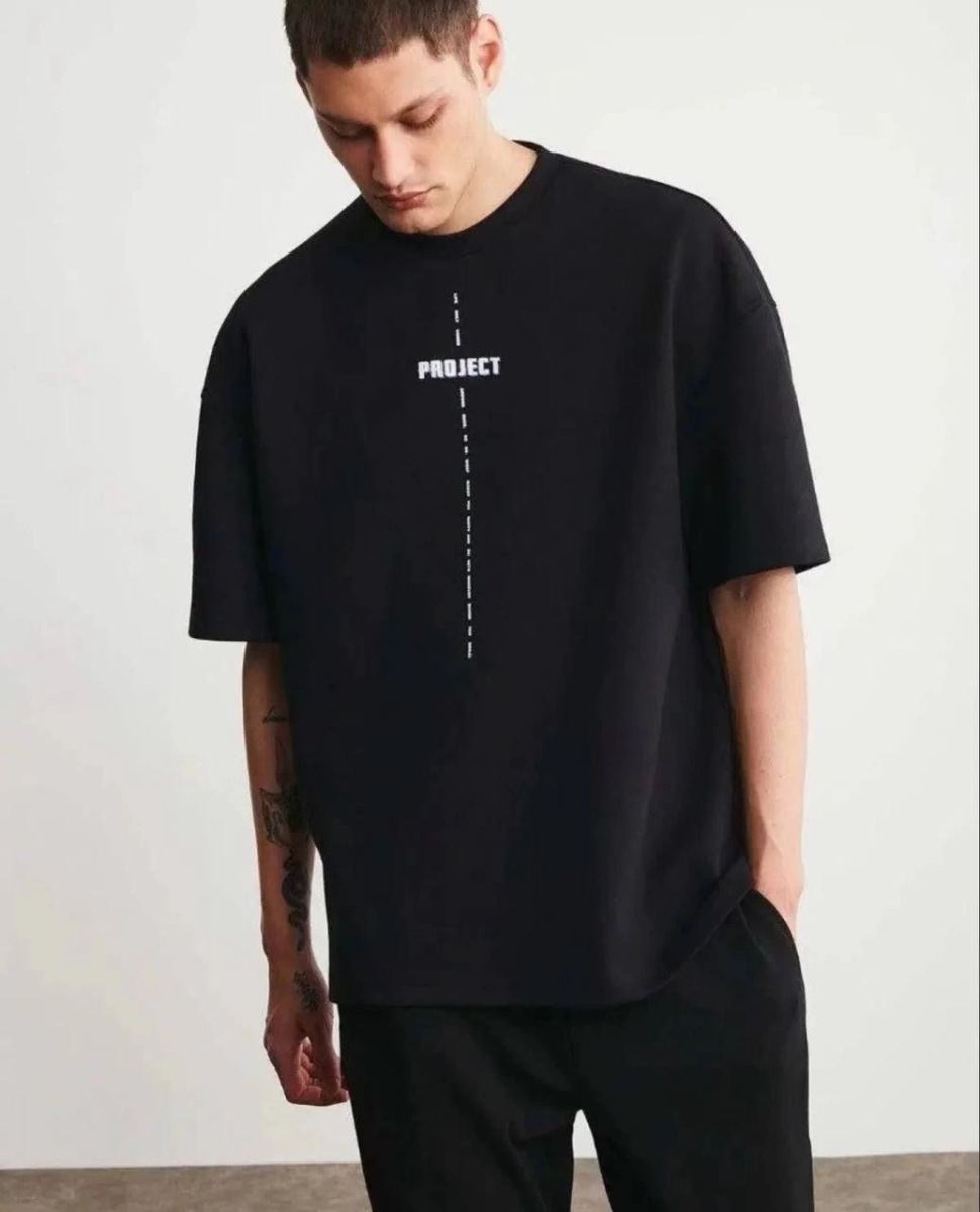 Erkek Kısa Kol Yazlık Tişört Bisiklet Yaka Baskılı Oversize T-Shirt - Siyah