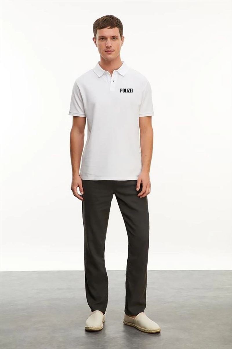Erkek Polo Yaka Düğmeli Tişört Pike Baskılı T-Shirt - Beyaz