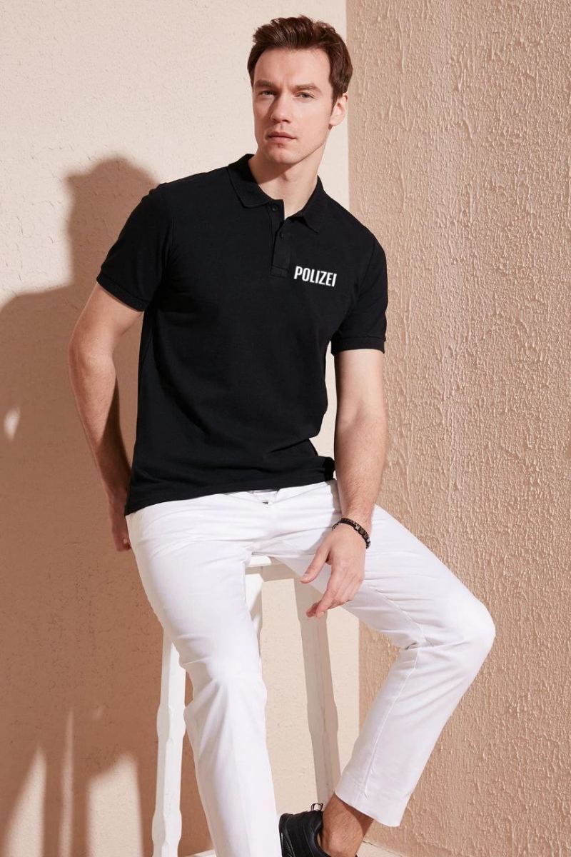 Erkek Polo Yaka Tişört Düğmeli Pike Baskılı T-Shirt - Siyah