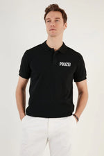 Erkek Polo Yaka Tişört Düğmeli Pike Baskılı T-Shirt - Siyah