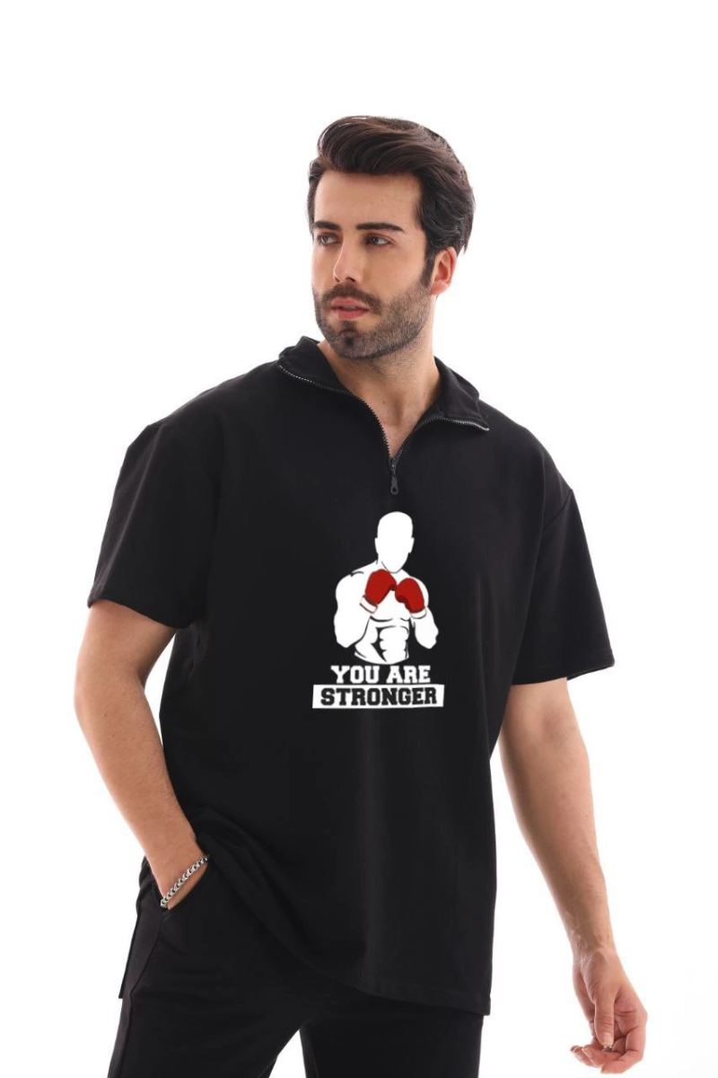 Erkek Yarım Fermuarlı Oversize Baskılı T-Shirt - Siyah