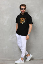 Erkek Kapüşonlu Kısa Kol Oversize Baskılı T-Shirt - Siyah