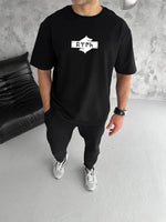 Erkek Kısa Kol Yazlık Tişört Bisiklet Yaka Baskılı Oversize T-Shirt - Siyah