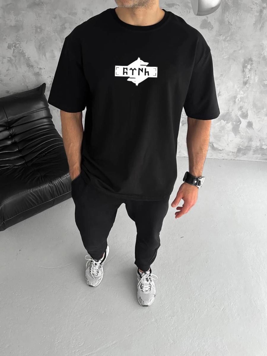 Erkek Kısa Kol Yazlık Tişört Bisiklet Yaka Baskılı Oversize T-Shirt - Siyah