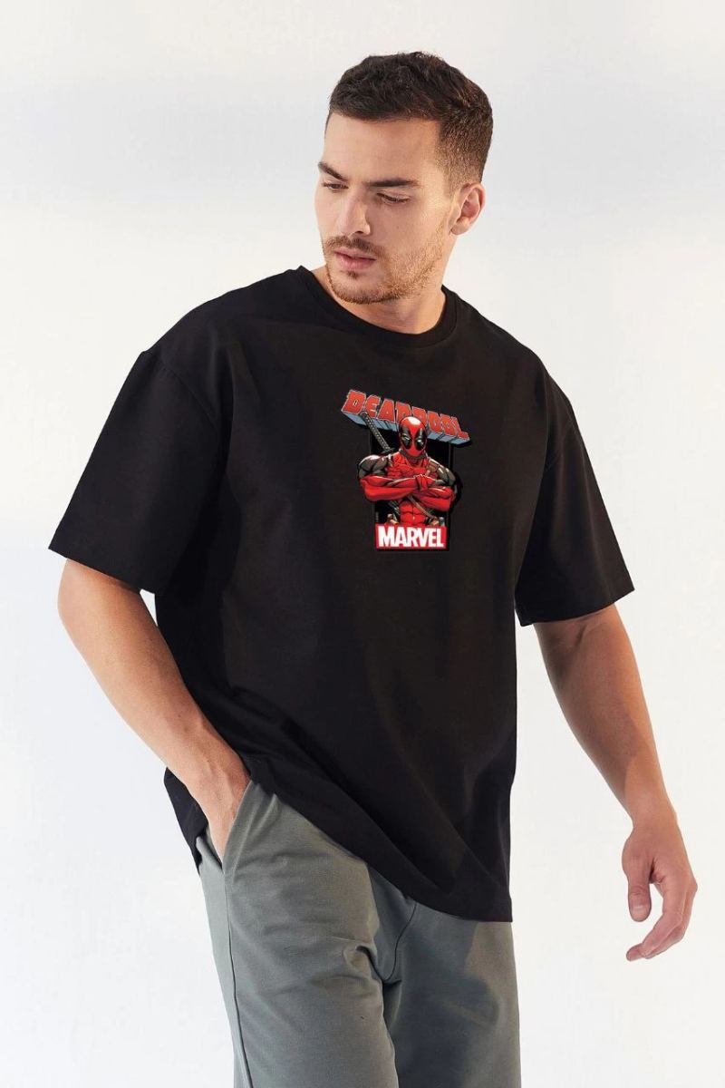 Erkek Baskılı T-Shirt Kısa Kol Bisiklet Yaka Rahat Kalıp Tişört - Siyah