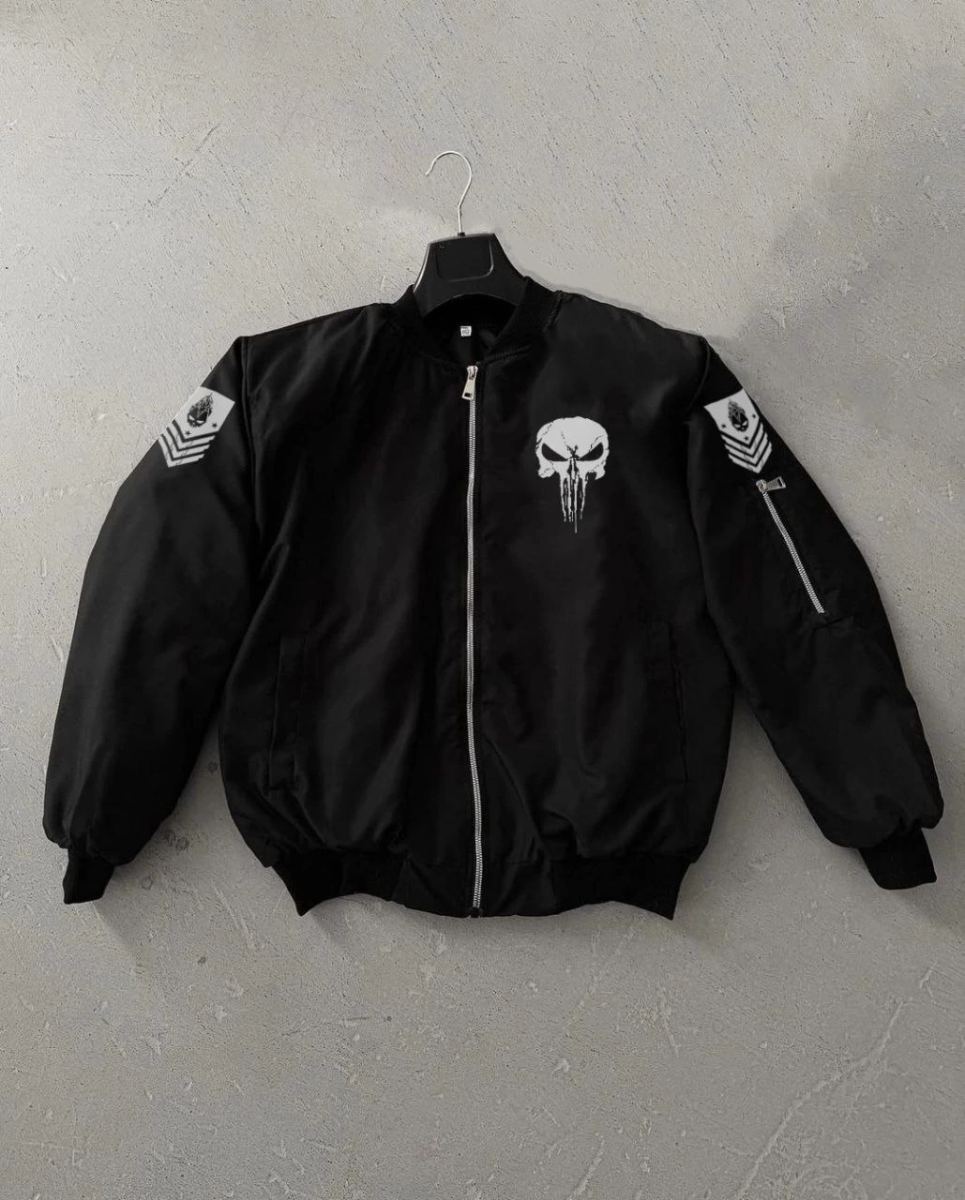 ERKEK Siyah Askeri Tarz Bomber Mont Punisher Skull Detaylı Fermuarlı Cepli - Siyah