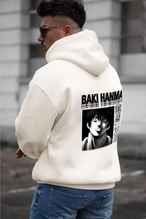 Erkek 3 İplik Pamuklu Kapüşonlu Baskılı Cepli Oversize Sweatshirt Hoodie - Beyaz