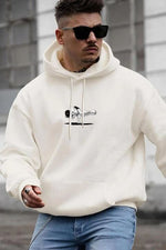 Erkek 3 İplik Pamuklu Kapüşonlu Baskılı Cepli Oversize Sweatshirt Hoodie - Beyaz