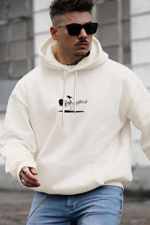 Erkek 3 İplik Pamuklu Kapüşonlu Baskılı Cepli Oversize Sweatshirt Hoodie - Beyaz