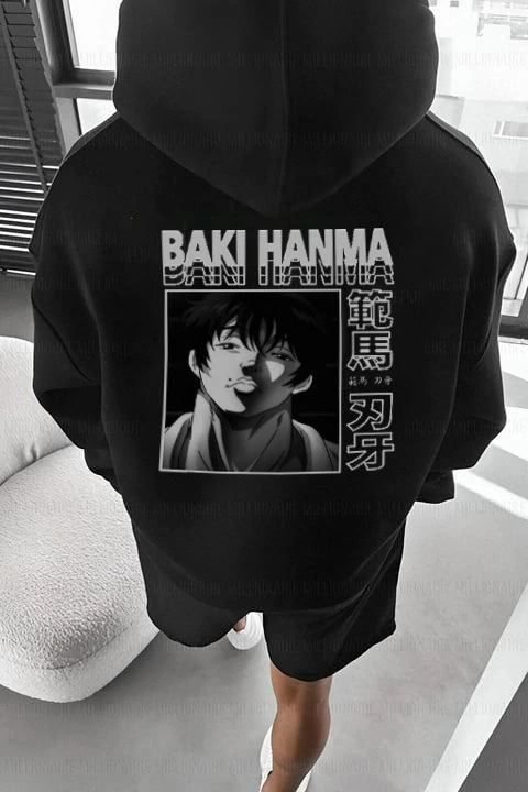 Erkek 3 İplik Pamuklu Kapüşonlu Baskılı Cepli Oversize Sweatshirt Hoodie - Siyah
