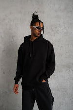 Erkek 3 İplik Pamuklu Kapüşonlu Cepli Düz Oversize Hoodie Sweatshirt - Siyah