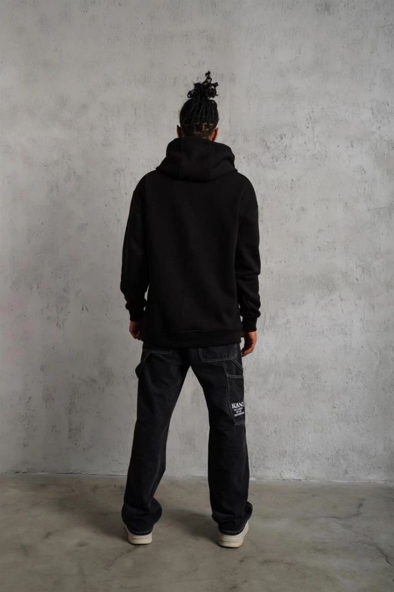 Erkek 3 İplik Pamuklu Kapüşonlu Cepli Düz Oversize Hoodie Sweatshirt - Siyah