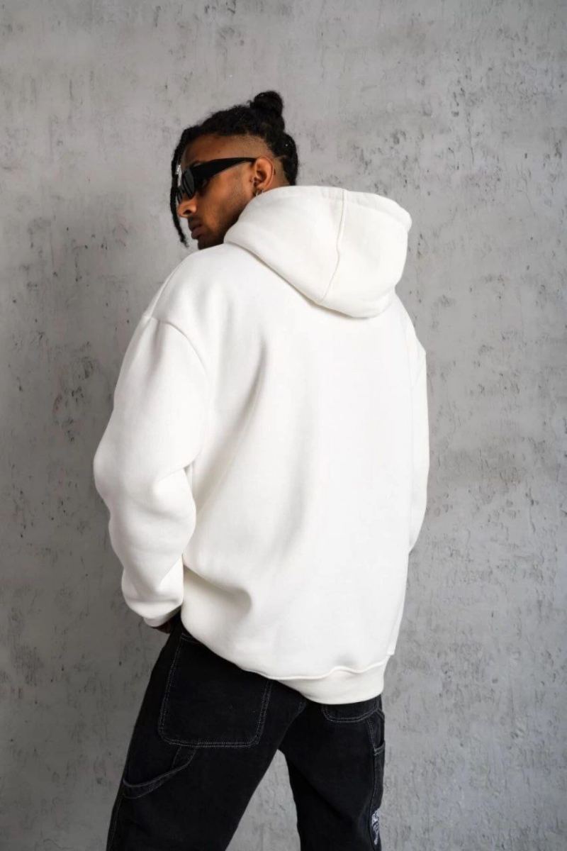 Erkek 3 İplik Pamuklu Kapüşonlu Cepli Düz Oversize Hoodie Sweatshirt - Beyaz