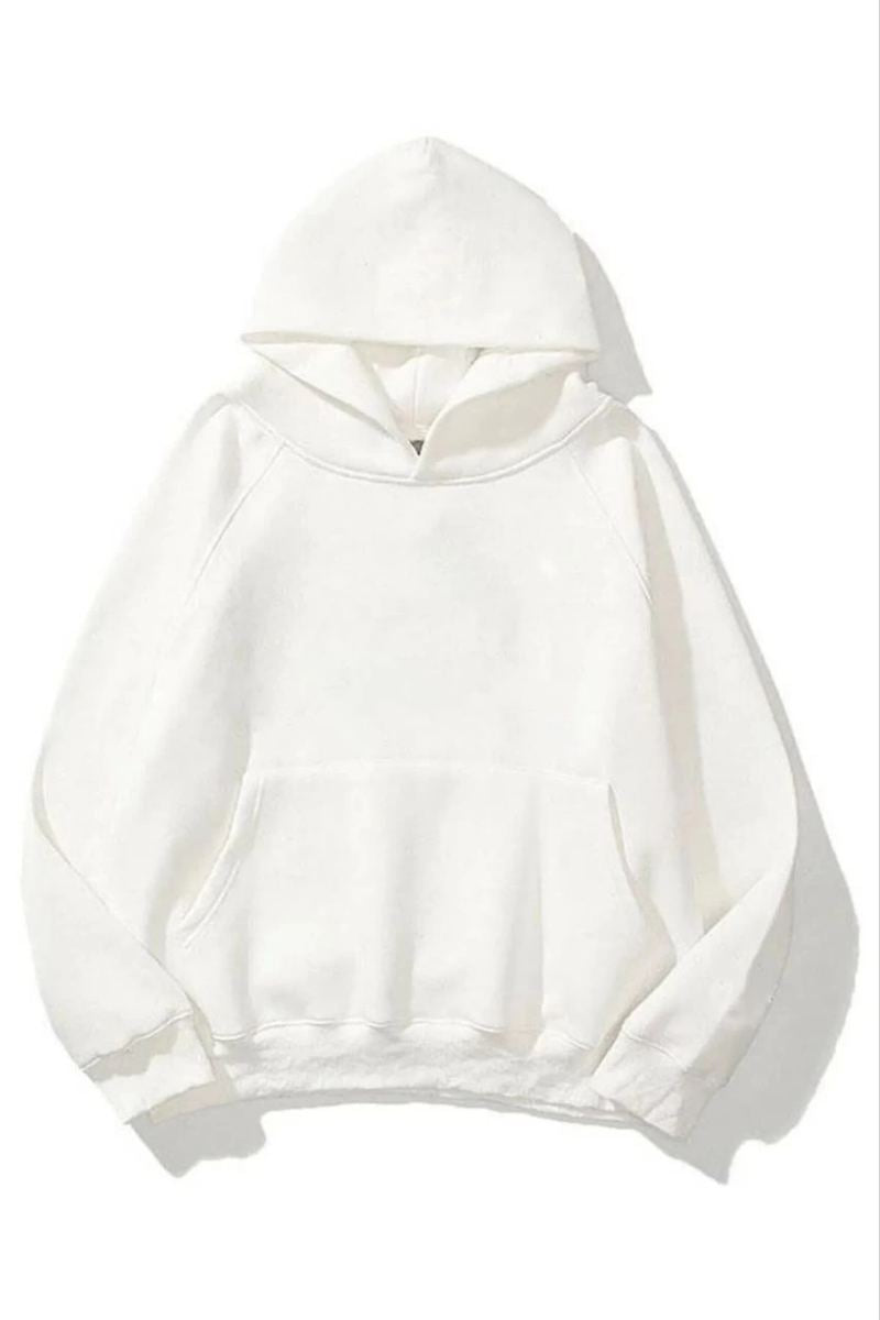 Kadın Kapüşonlu Kanguru Cepli 3 İplik Pamuklu Düz Hoodie Sweatshirt - Beyaz