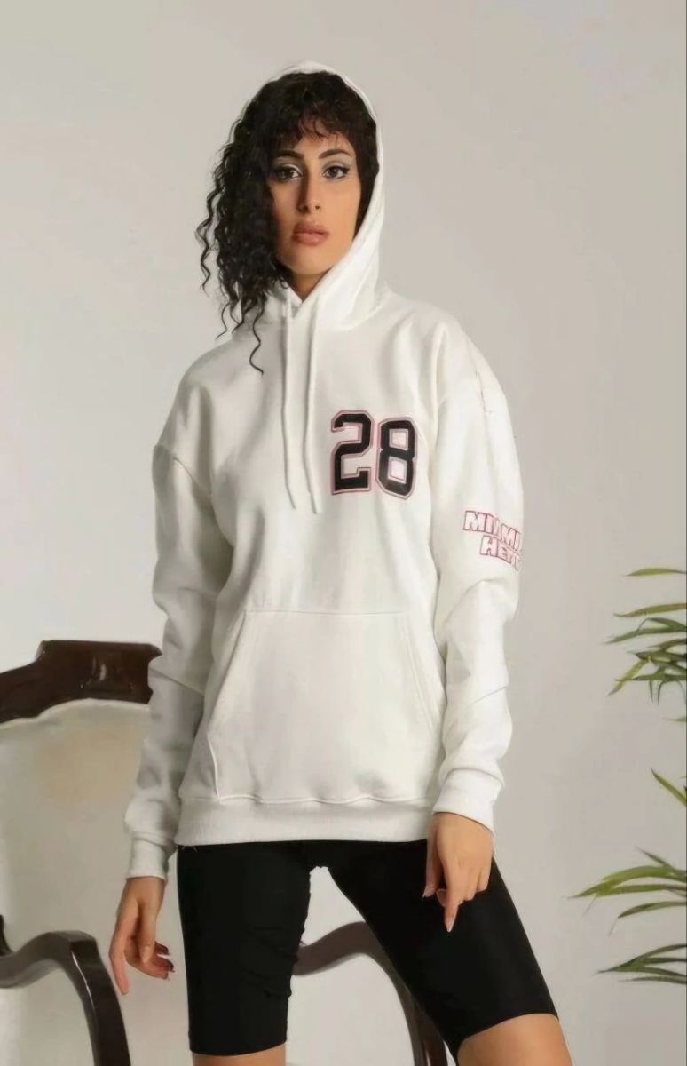 Kadın Oversize Kapüşonlu Cepli Baskılı 3 İplik Pamuklu Hoodie Sweatshirt - Beyaz