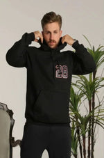 Erkek 3 İplik Pamuklu Kapüşonlu Baskılı Cepli Oversize Sweatshirt Hoodie - Siyah