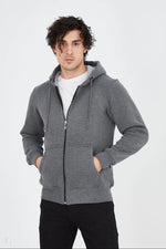Erkek 3 İplik Pamuklu Kapüşonlu Tam Fermuarlı Cepli Hoodie Sweatshirt - Füme